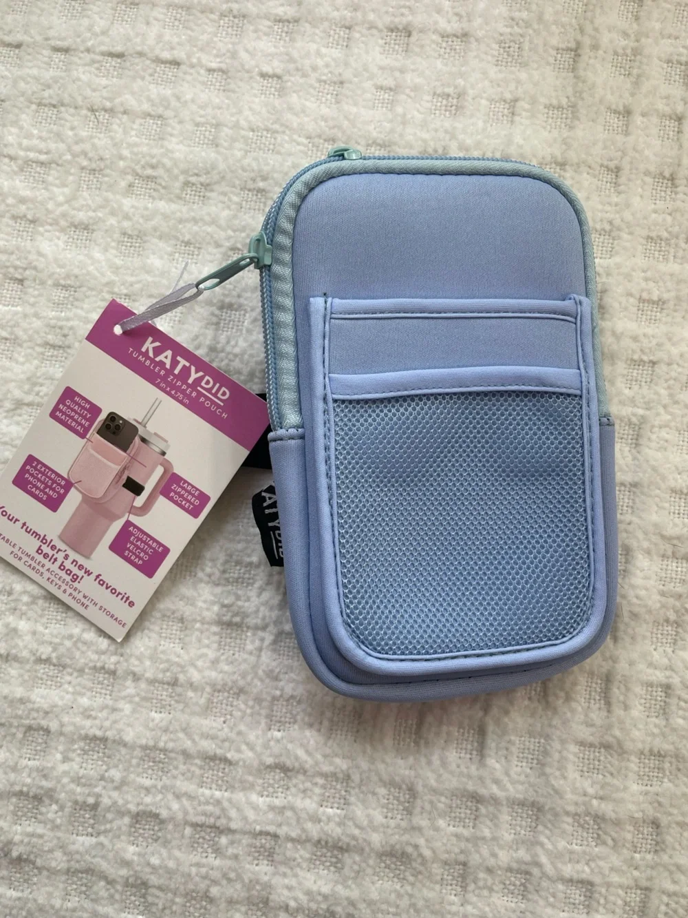 Katydid Light Blue Zippered Phone Pouch with Front Mesh Pocket